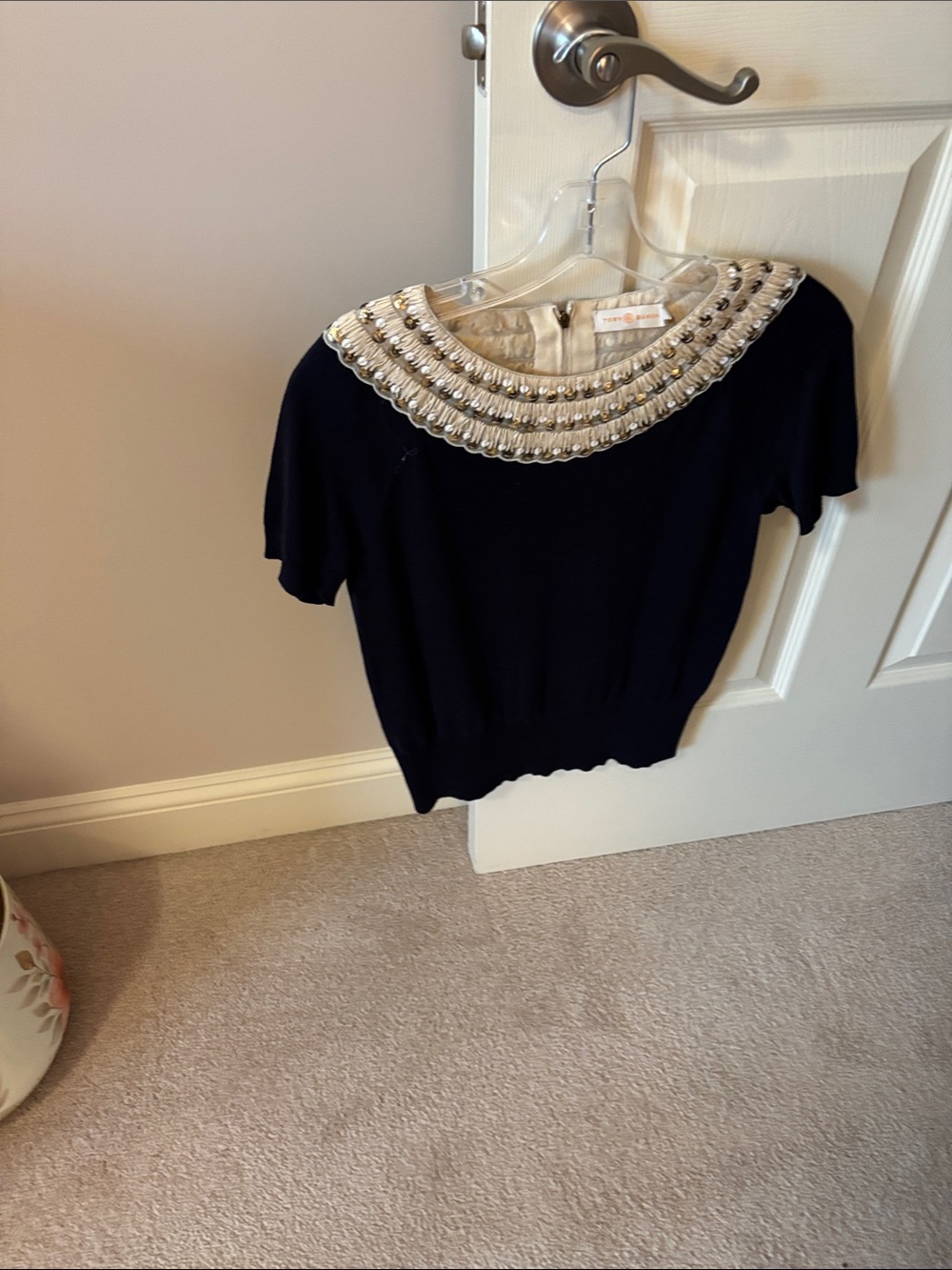 Tory Burch Navy Short Sleeve Top with Beaded Cream Collar